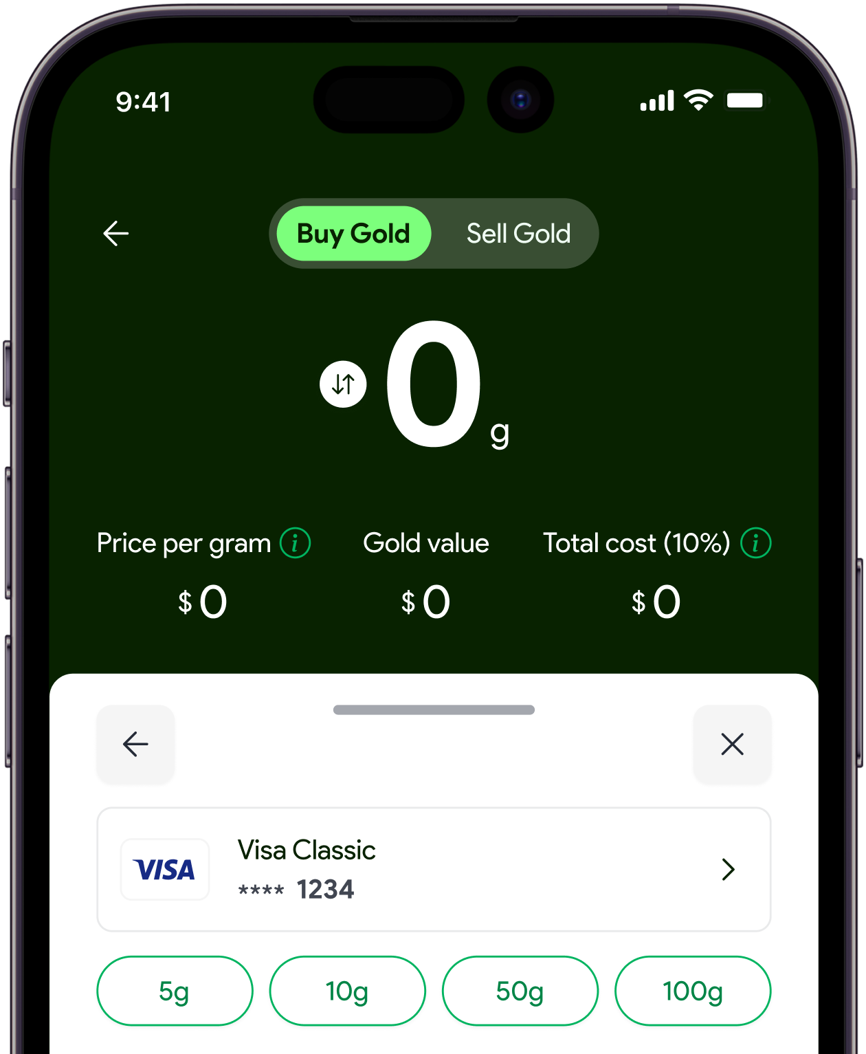 Goldfinch app buy and sell gold screen
